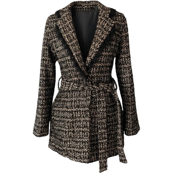 L'AGENCE Jackets & Blazers - L'Agence Luba Tweed Fringe Belted Jacket Black Gold Wool Blend Size 0